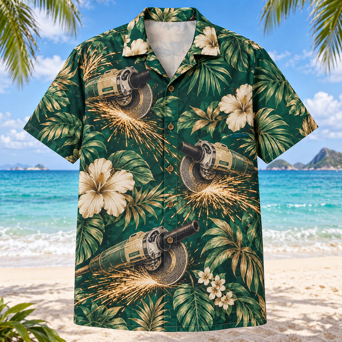 Front view of Cutting Wheel Welder Hawaiian Shirt with original cutting wheel motifs, with tropical botanical accents; no text or branded equipment
