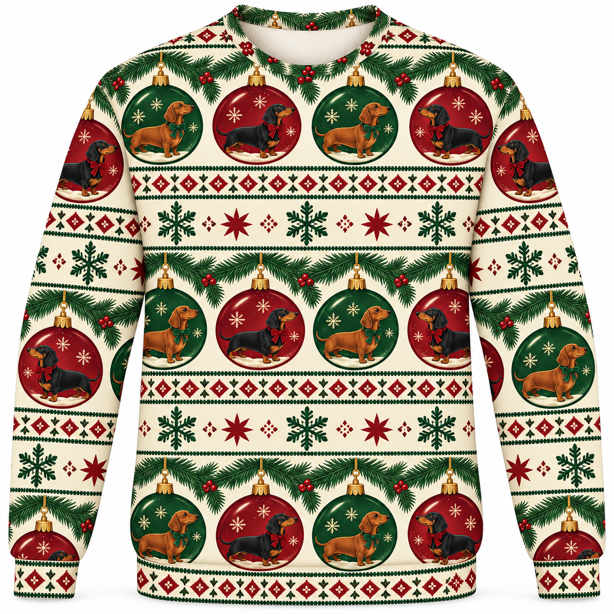 Front view of Dachshund Christmas Baubles all-over-print sweater
