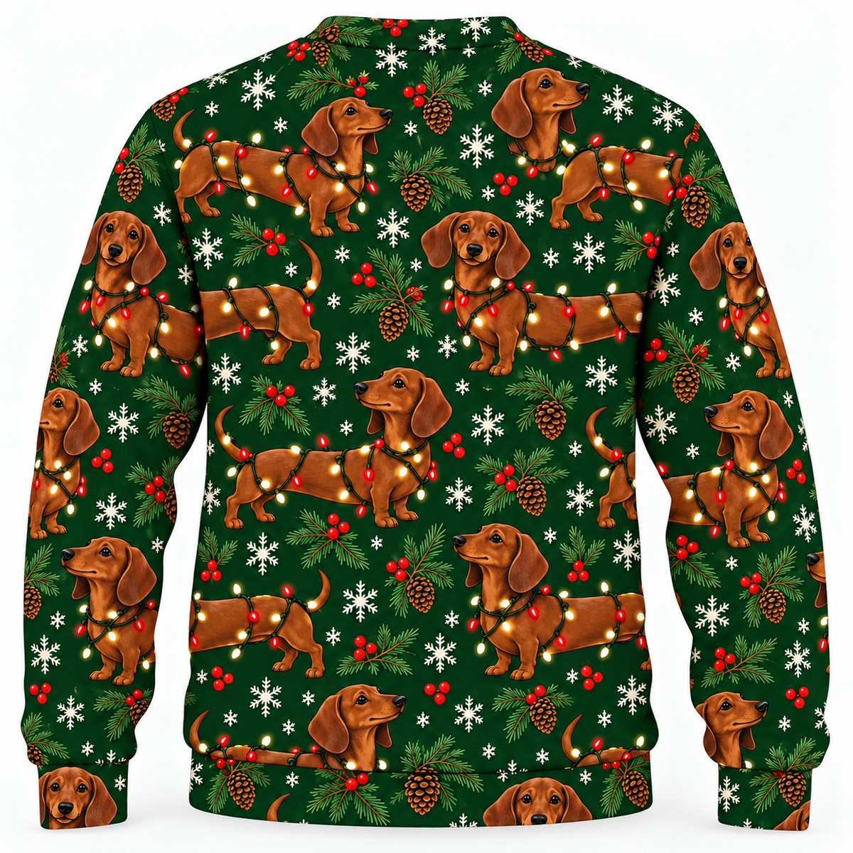 Back view of Dachshund Christmas Lights all-over-print sweater