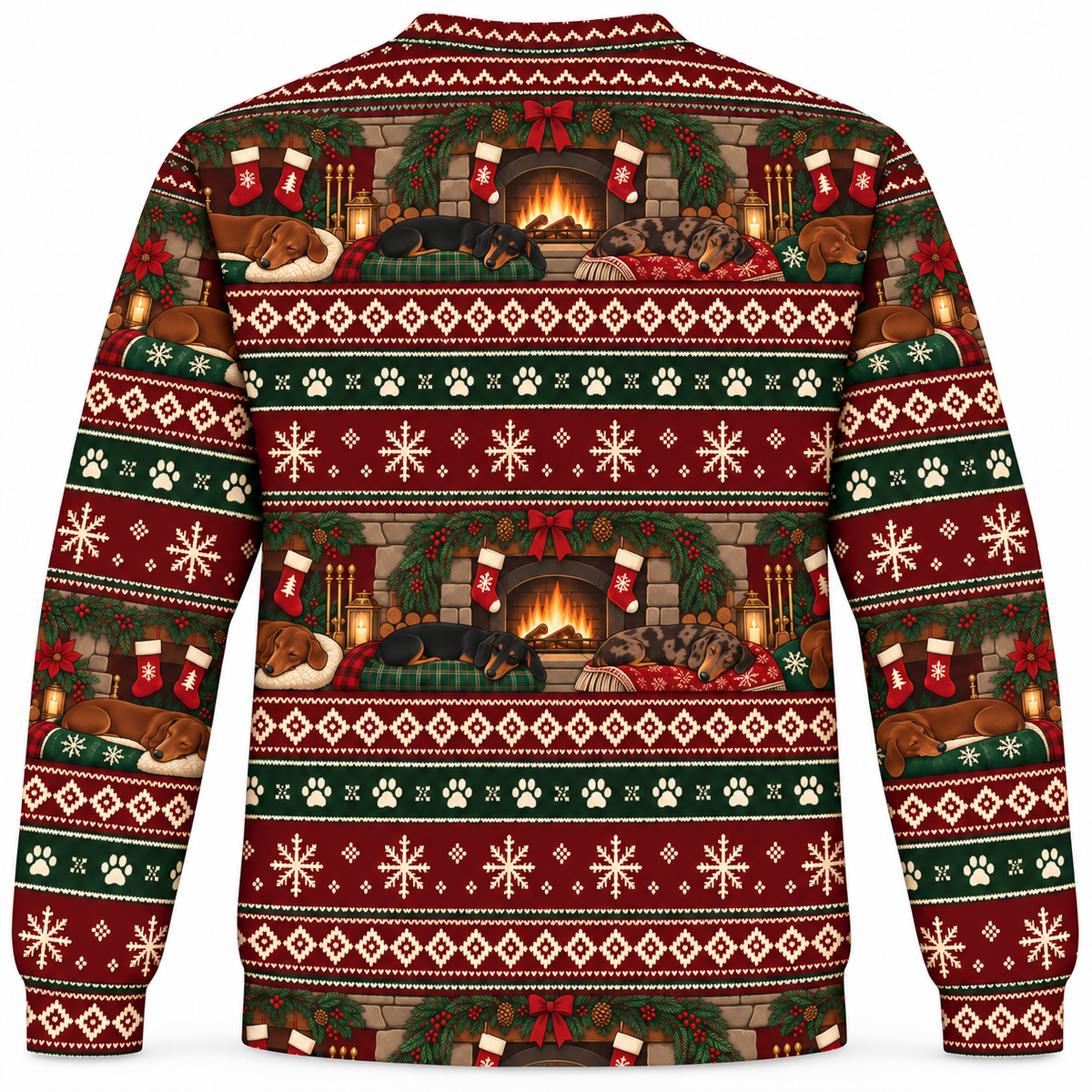 Back view of Dachshund Fireplace Christmas all-over-print sweater