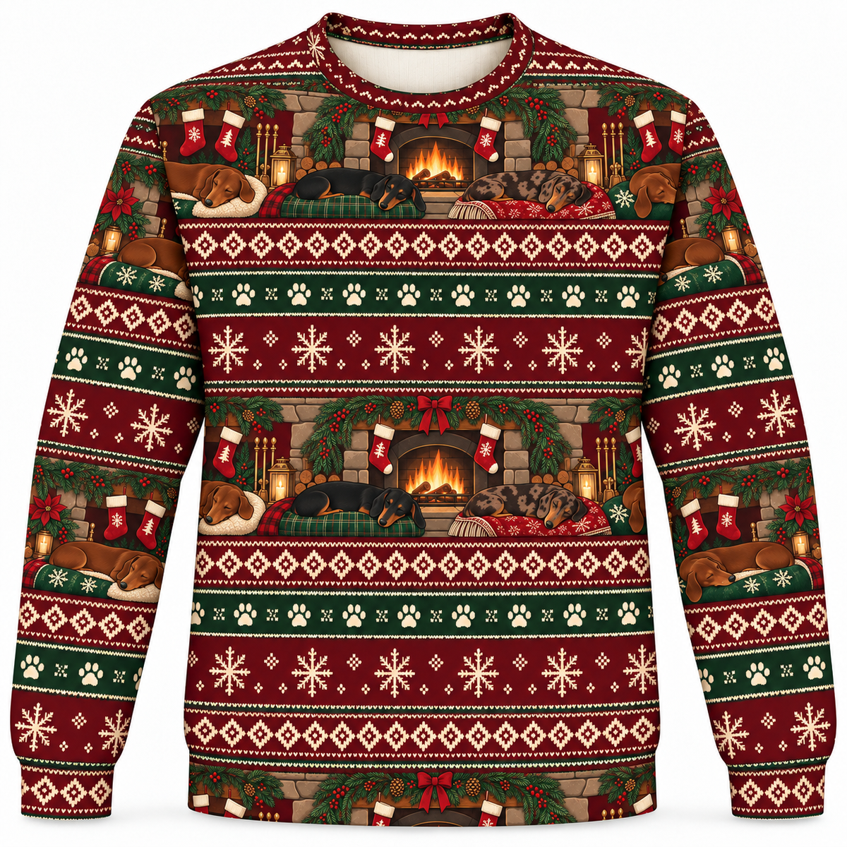 Front view of Dachshund Fireplace Christmas all-over-print sweater