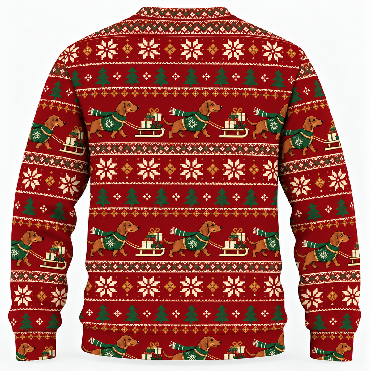 Back view of Dachshund Gift Sleigh Fair Isle all-over-print sweater