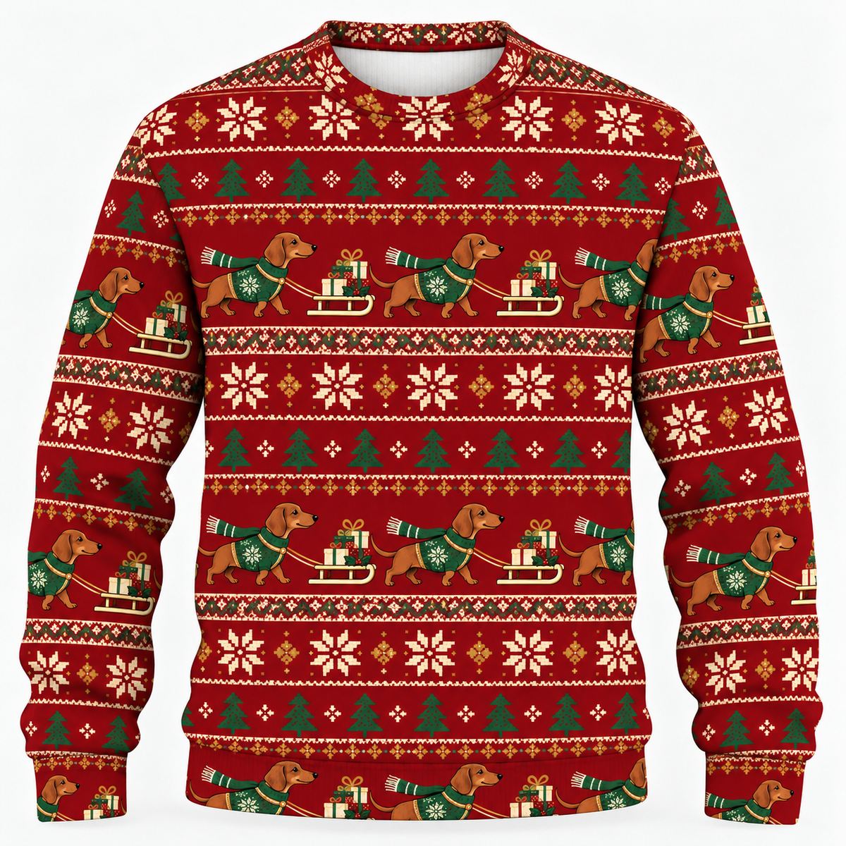 Front view of Dachshund Gift Sleigh Fair Isle all-over-print sweater