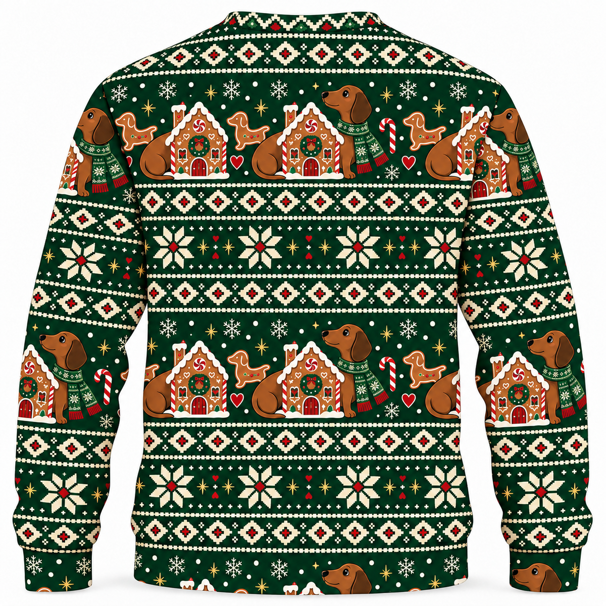 Back view of Dachshund Gingerbread Fair Isle all-over-print sweater