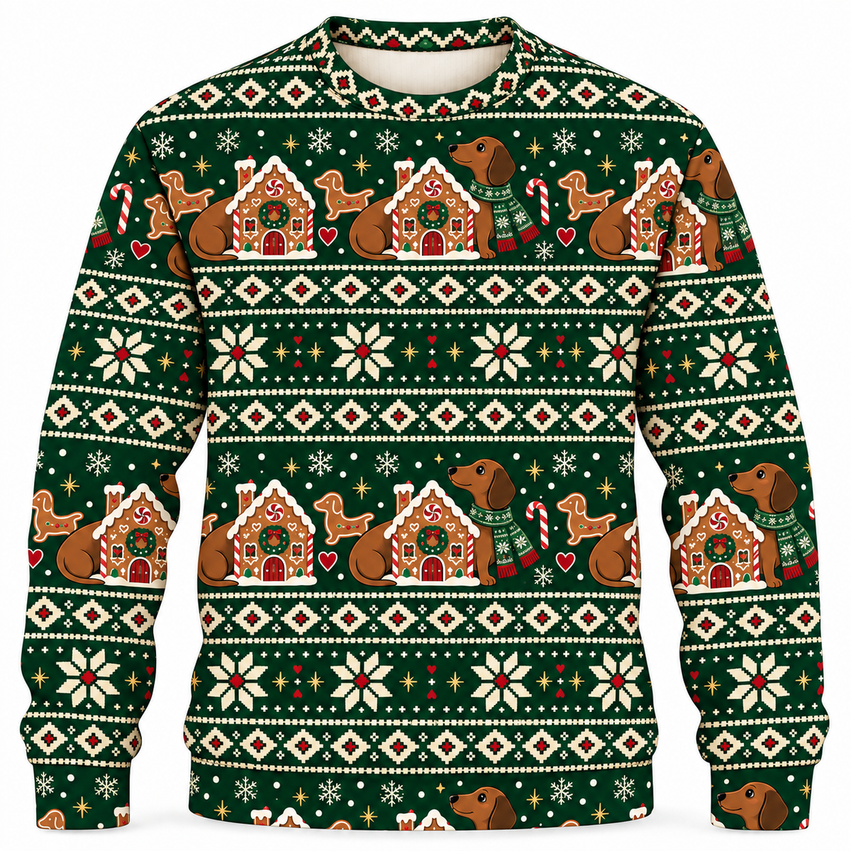 Front view of Dachshund Gingerbread Fair Isle all-over-print sweater