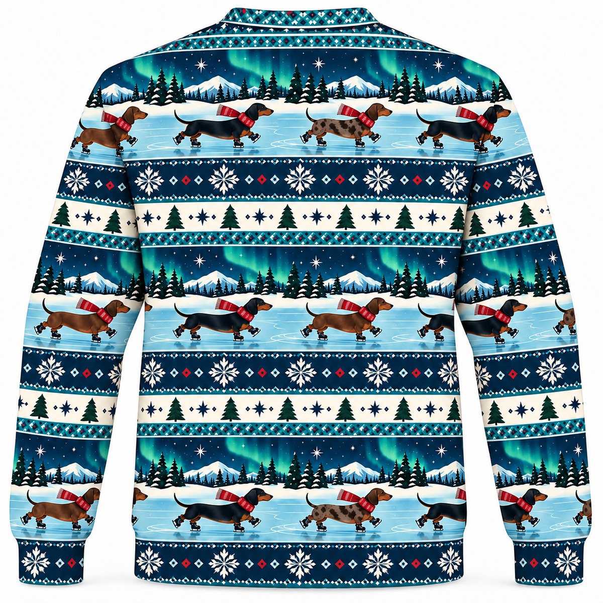 Back view of Dachshund Ice Skating Christmas all-over-print sweater