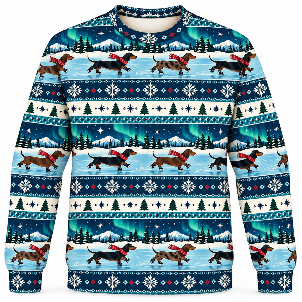 Front view of Dachshund Ice Skating Christmas all-over-print sweater