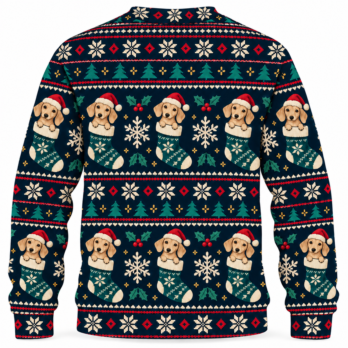 Back view of Dachshund Stocking Fair Isle all-over-print sweater