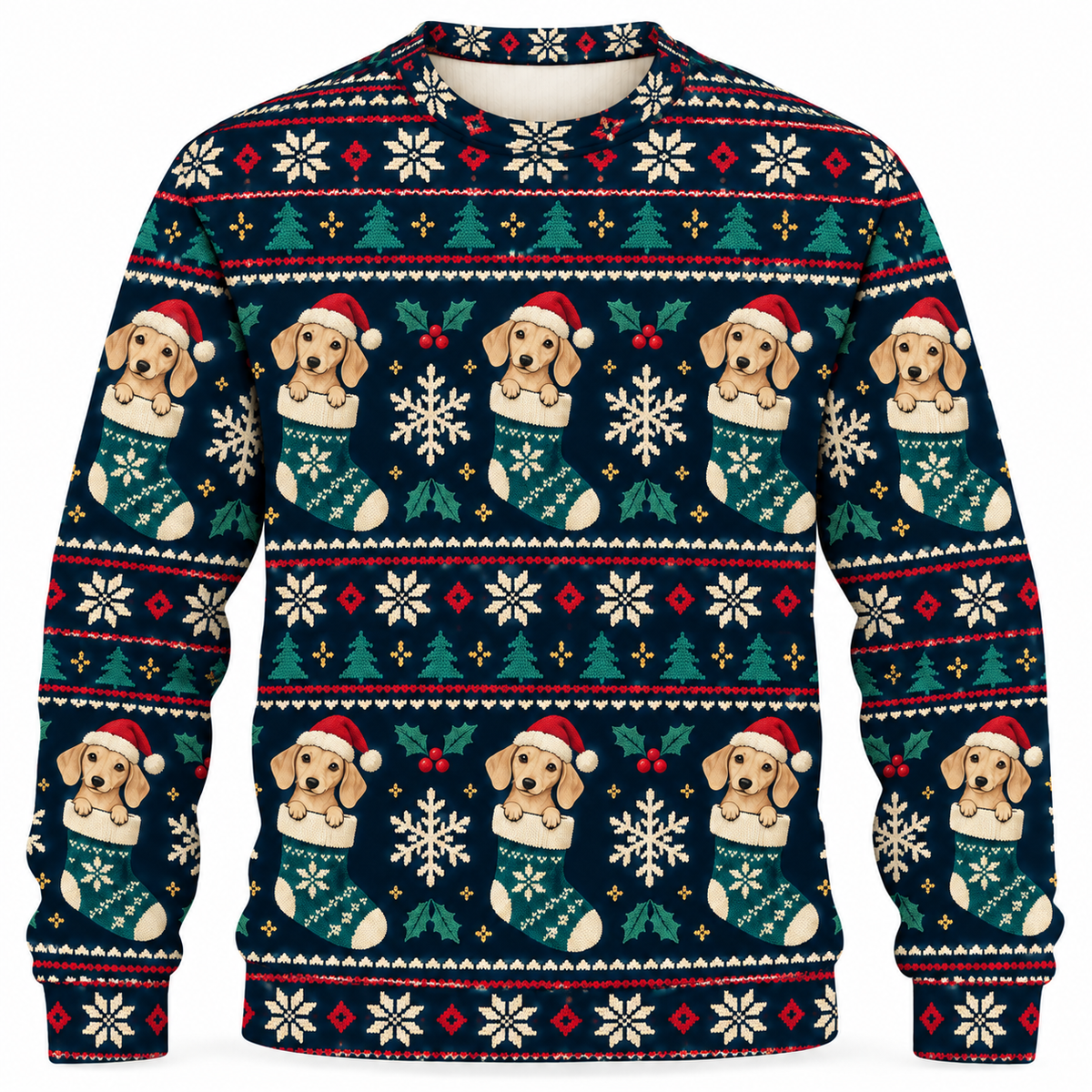 Front view of Dachshund Stocking Fair Isle all-over-print sweater