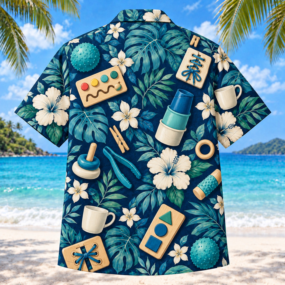 Back view of Daily Tools Navy Occupational Therapist Hawaiian Shirt with matching artwork in navy, aqua, warm cream