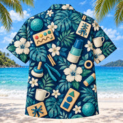 Back view of Daily Tools Navy Occupational Therapist Hawaiian Shirt with matching artwork in navy, aqua, warm cream