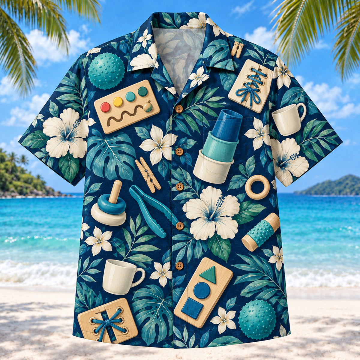Front view of Daily Tools Navy Occupational Therapist Hawaiian Shirt with original invented practice boards, cups and everyday objects in a large focal motifs with small botanical echoes