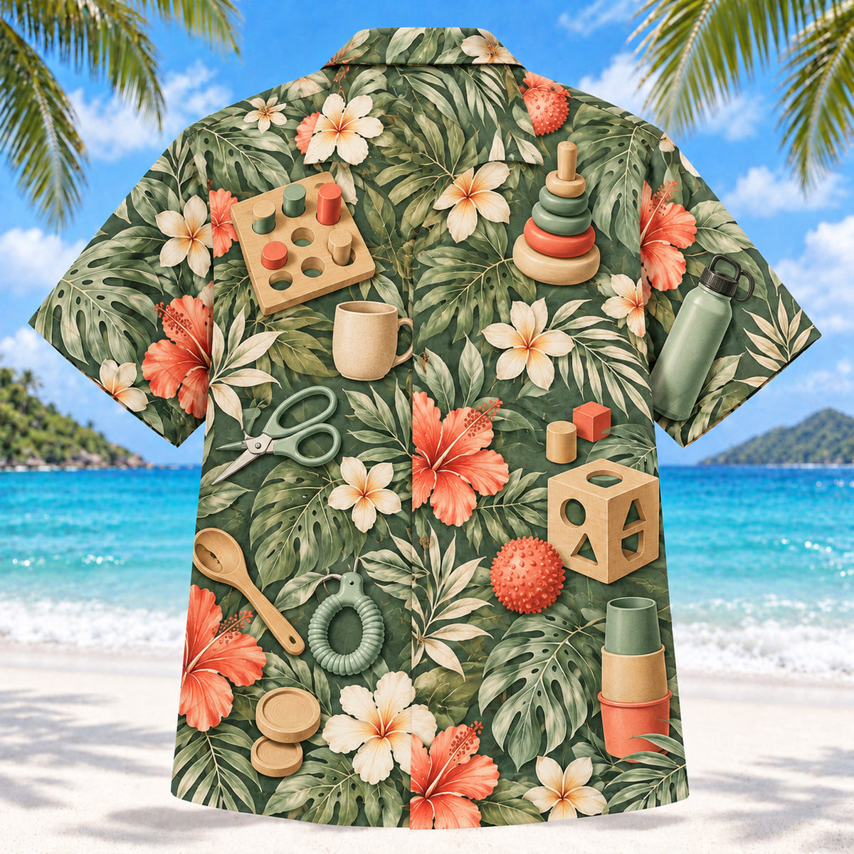 Back view of Daily Tools Sage Occupational Therapist Hawaiian Shirt with matching artwork in sage, sand, coral