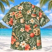 Back view of Daily Tools Sage Occupational Therapist Hawaiian Shirt with matching artwork in sage, sand, coral