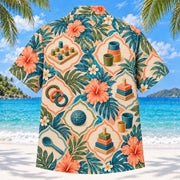 Back view of Daily Tools Sunset Occupational Therapist Hawaiian Shirt with matching artwork in sunset peach, sea blue, olive