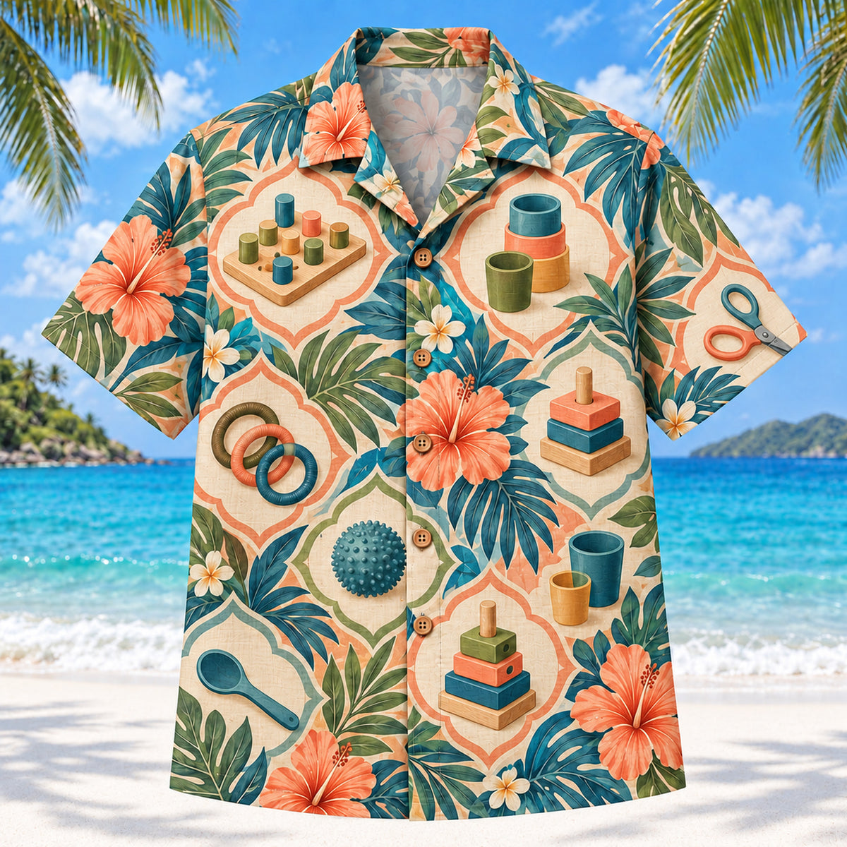 Front view of Daily Tools Sunset Occupational Therapist Hawaiian Shirt with original invented practice boards, cups and everyday objects in a loose geometric medallions