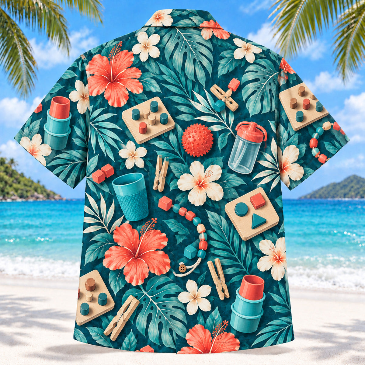 Back view of Daily Tools Teal Occupational Therapist Hawaiian Shirt with matching artwork in deep teal, ivory, coral