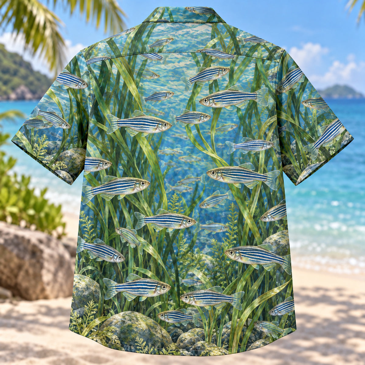 Back view of Danio River Freshwater Aquarium Hawaiian Shirt with matching artwork in silver, blue, green