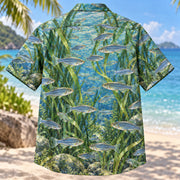 Back view of Danio River Freshwater Aquarium Hawaiian Shirt with matching artwork in silver, blue, green