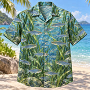 Front view of Danio River Freshwater Aquarium Hawaiian Shirt with zebra danio schools among river reeds