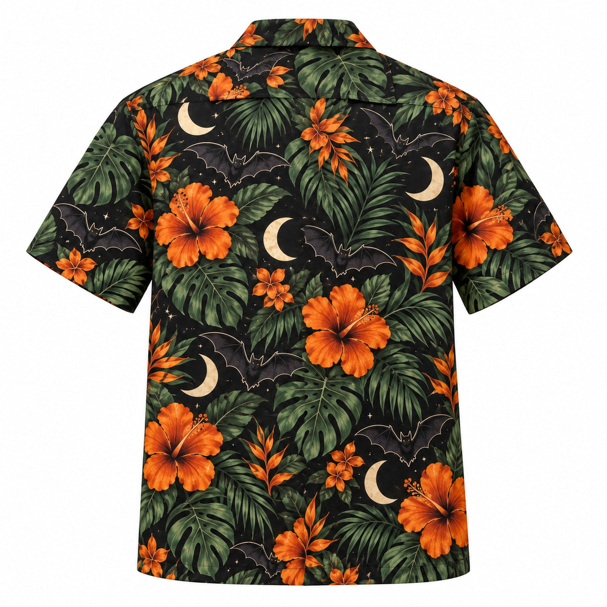 Back view of Dark Garden Adult Halloween Hawaiian Shirt with matching artwork in black, pumpkin orange, cream