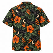 Back view of Dark Garden Adult Halloween Hawaiian Shirt with matching artwork in black, pumpkin orange, cream