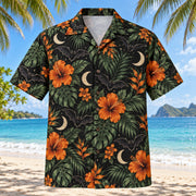Front view of Dark Garden Adult Halloween Hawaiian Shirt with original, text-free illustrations of dark flowers, leaves, bats and small moons