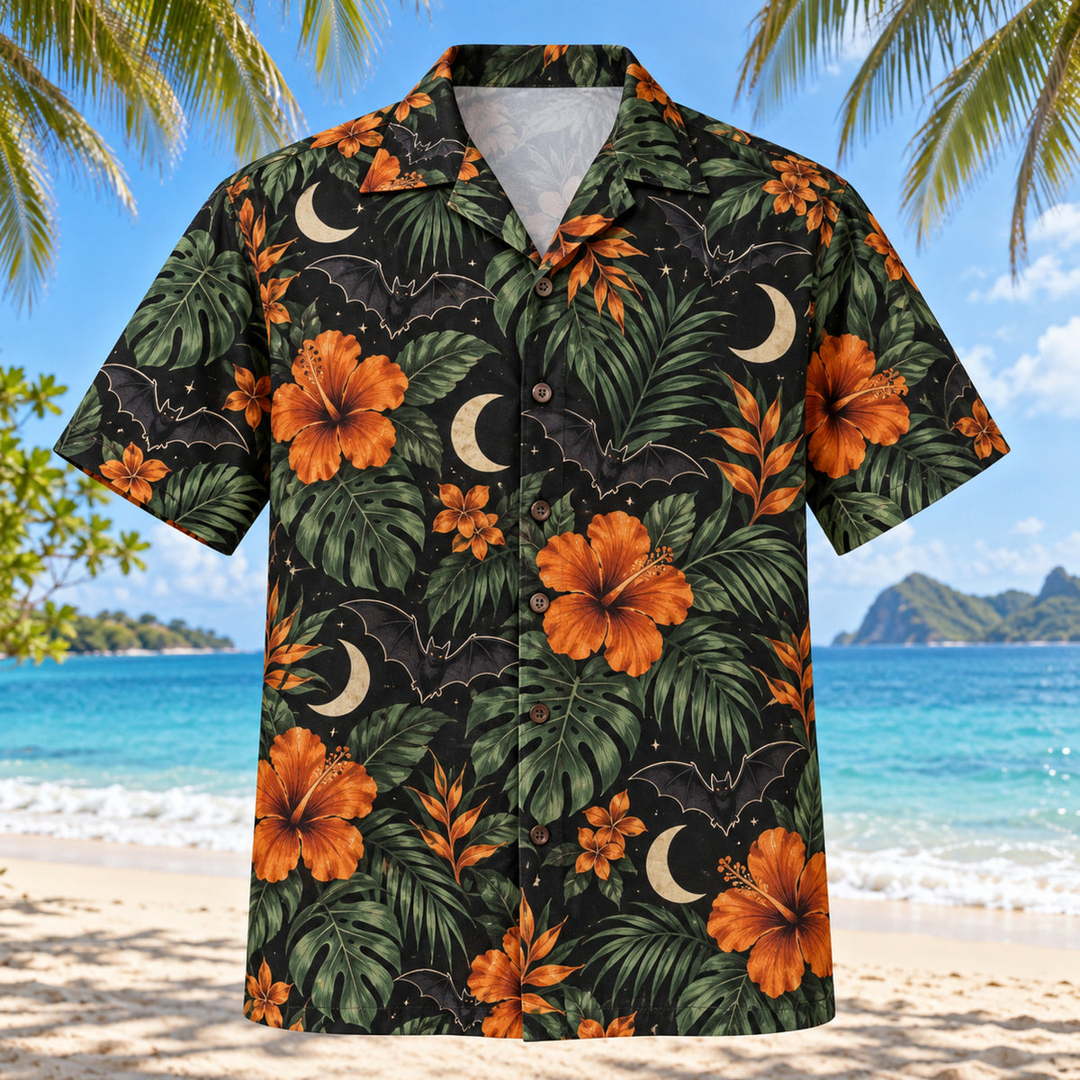 Front view of Dark Garden Adult Halloween Hawaiian Shirt with original, text-free illustrations of dark flowers, leaves, bats and small moons