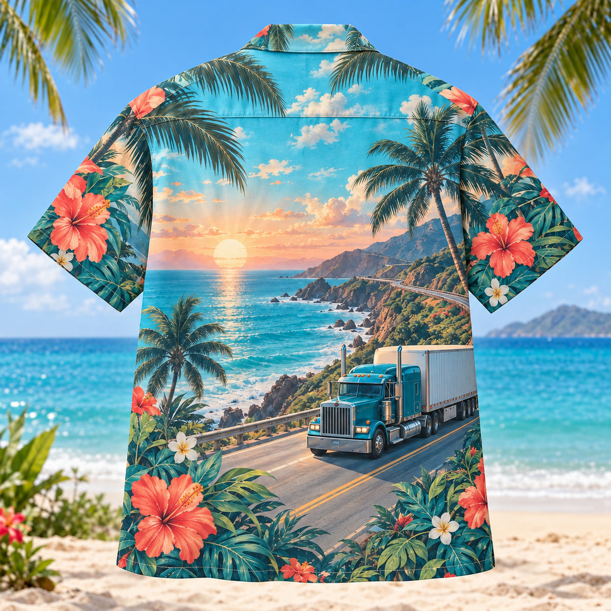 Back view of Dawn Drive Truck Driver Hawaiian Shirt with matching artwork in turquoise, coral, cream