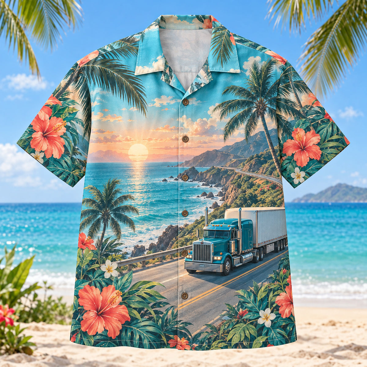 Front view of Dawn Drive Truck Driver Hawaiian Shirt with original dawn drive motifs, with tropical botanical accents; no text or branded equipment