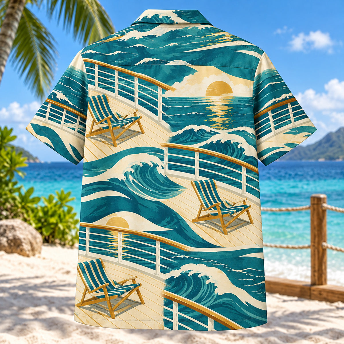 Back view of Deck Chair Sea Cruise Travel Hawaiian Shirt with matching artwork in teal, cream, gold