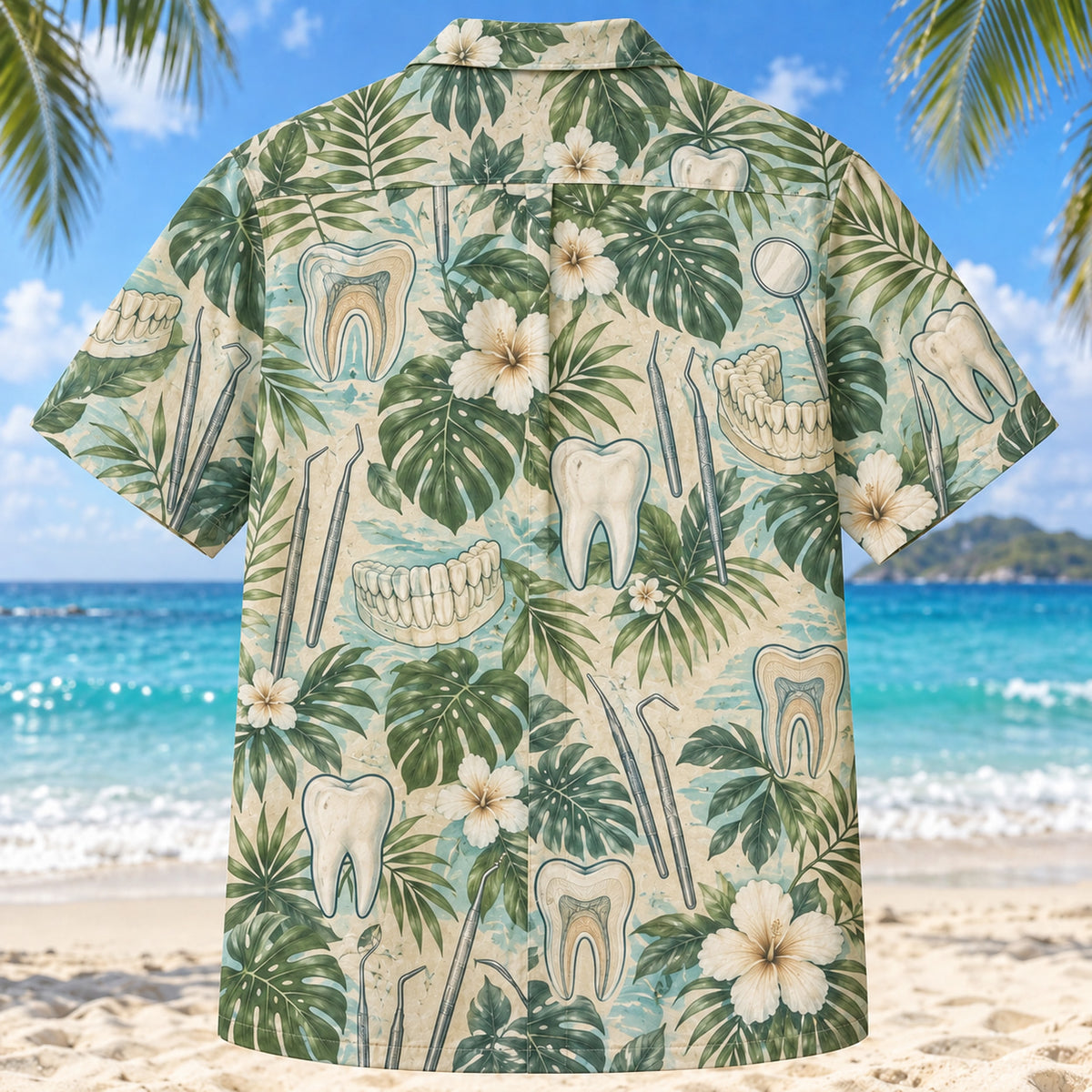 Back view of Dental Chart Dentist Hawaiian Shirt with matching artwork in moss, aqua, sand