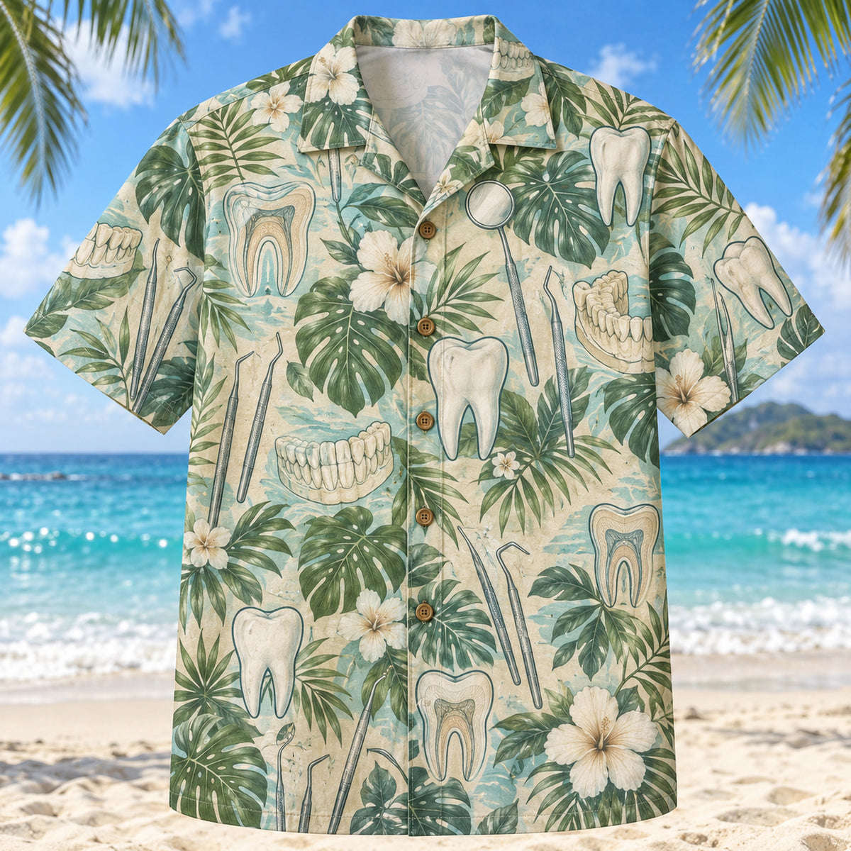 Front view of Dental Chart Dentist Hawaiian Shirt with original dental chart motifs, with tropical botanical accents; no text or branded equipment