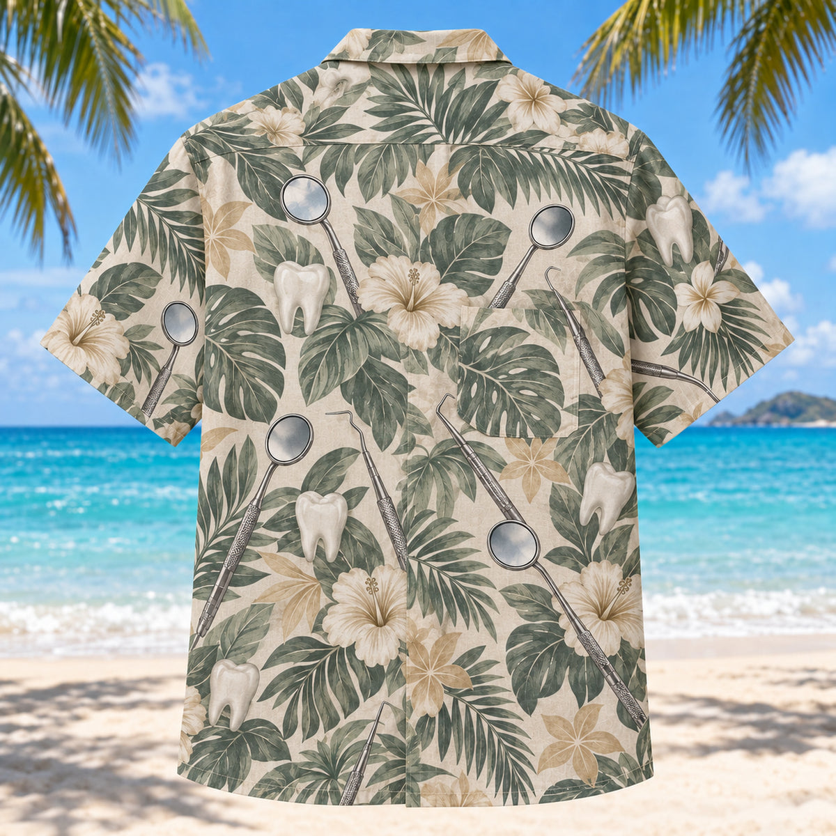 Back view of Dental Mirror Dentist Hawaiian Shirt with matching artwork in sage, sand, charcoal