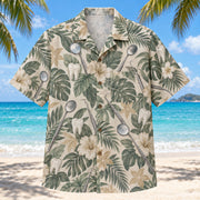 Front view of Dental Mirror Dentist Hawaiian Shirt with original dental mirror motifs, with tropical botanical accents; no text or branded equipment
