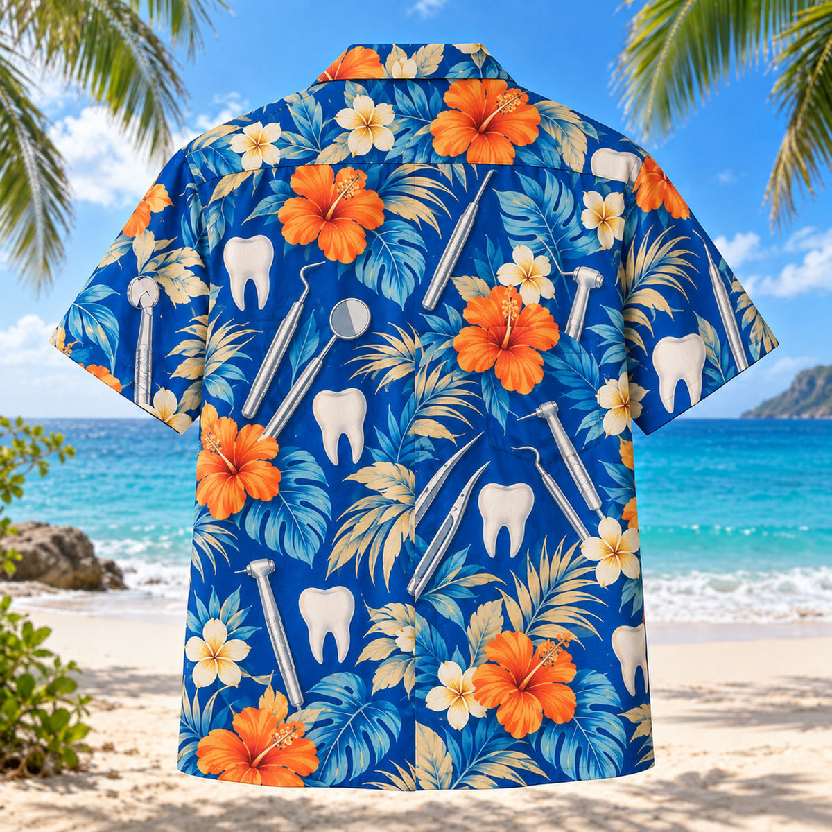 Back view of Dental Tools Dentist Hawaiian Shirt with matching artwork in cobalt, sand, orange