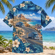 Back view of Desert Highway Truck Driver Hawaiian Shirt with matching artwork in indigo, aqua, tan
