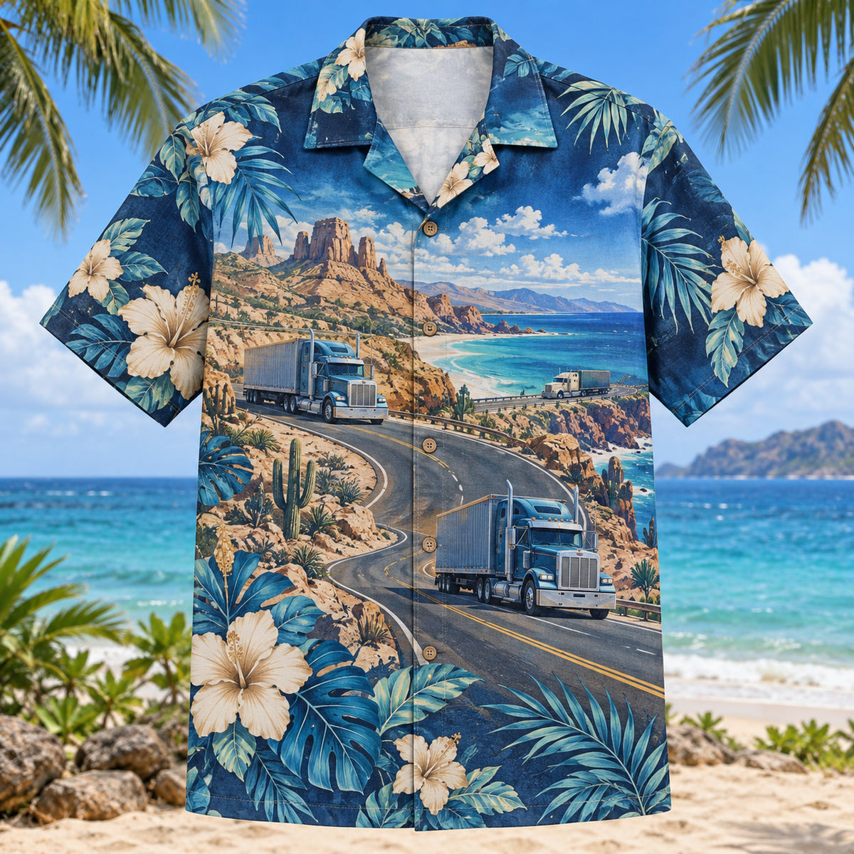Front view of Desert Highway Truck Driver Hawaiian Shirt with original desert highway motifs, with tropical botanical accents; no text or branded equipment