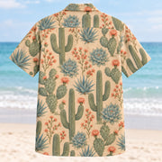 Back view of Desert Succulent Hawaiian Shirt with cacti, succulents and coral blooms