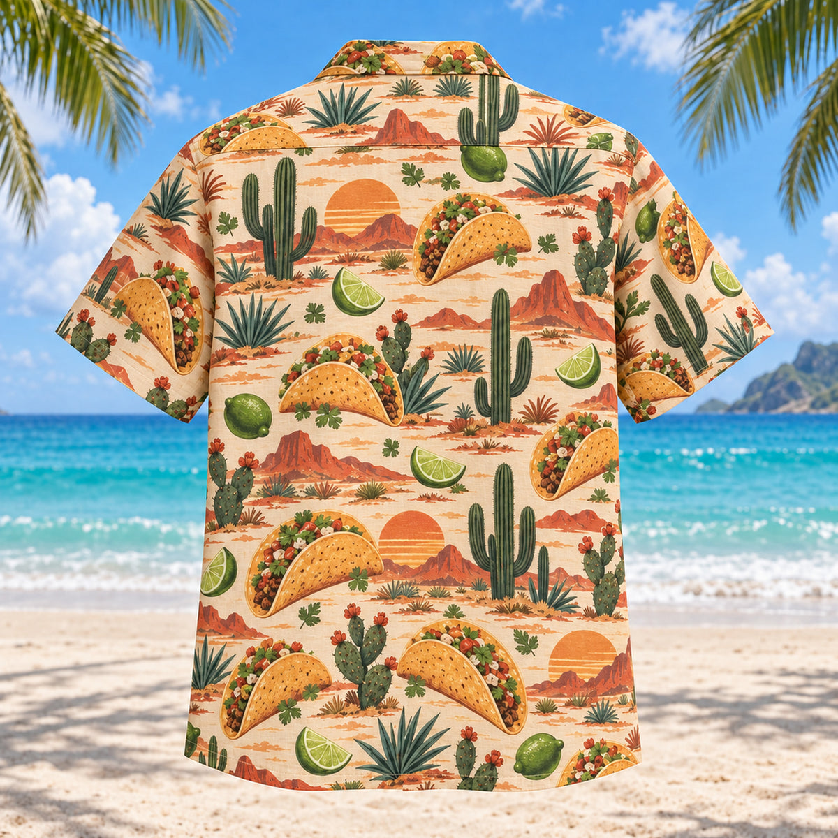 Back view of Desert Taco Tex-Mex Hawaiian Shirt with matching artwork in sand, rust, cactus green