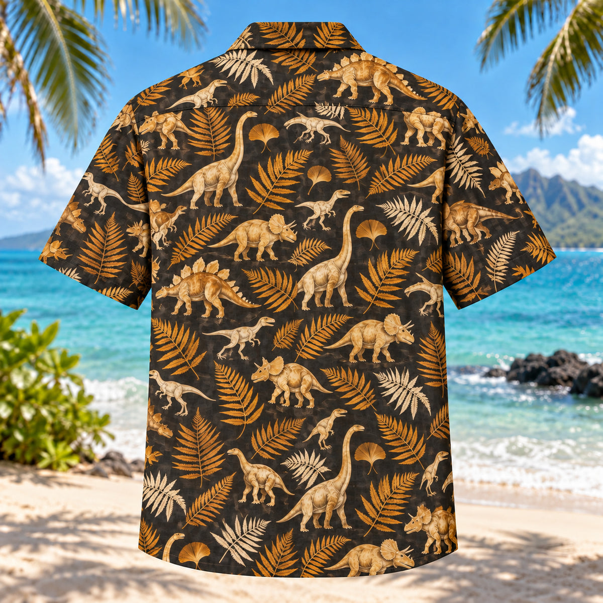 Back view of Dinosaur Amber Dinosaur Hawaiian Shirt with matching artwork in amber, black, ivory