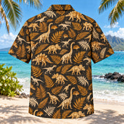 Back view of Dinosaur Amber Dinosaur Hawaiian Shirt with matching artwork in amber, black, ivory
