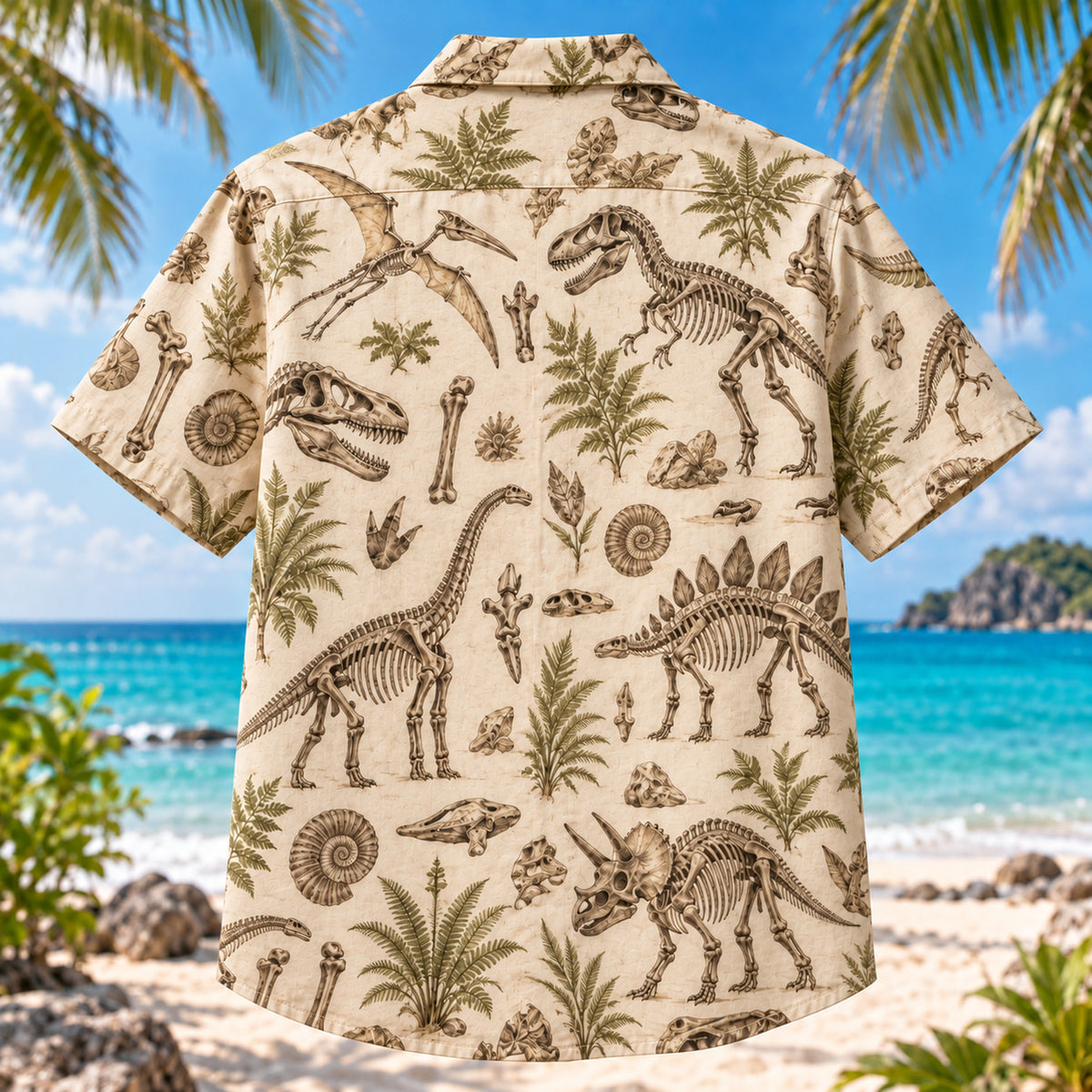 Back view of Dinosaur Bone Study Dinosaur Hawaiian Shirt with matching artwork in ivory, sepia, olive