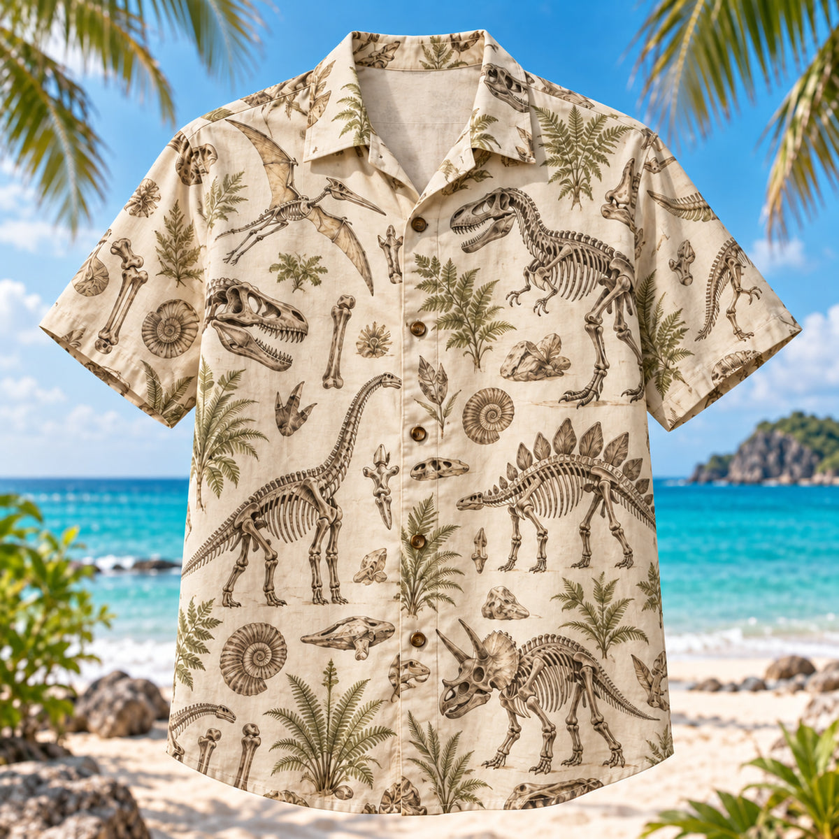 Front view of Dinosaur Bone Study Dinosaur Hawaiian Shirt with original dinosaur bone sketches arranged as a natural history study