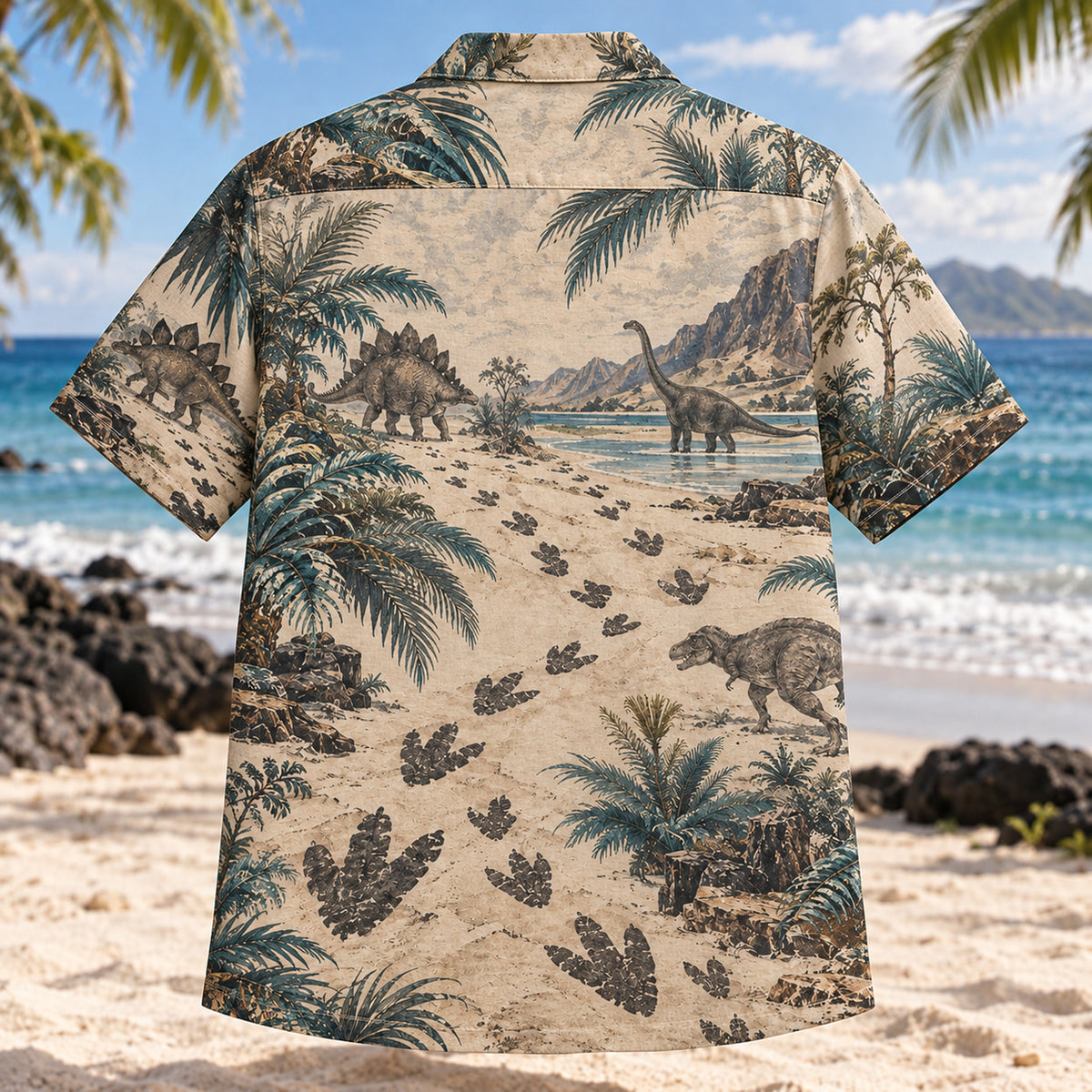 Back view of Dinosaur Trackway Dinosaur Hawaiian Shirt with matching artwork in sand, charcoal, teal
