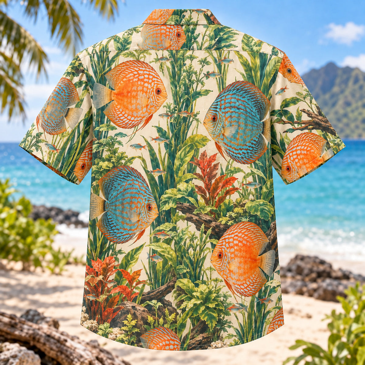 Back view of Discus Water Garden Freshwater Aquarium Hawaiian Shirt with matching artwork in orange, teal, cream