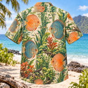 Back view of Discus Water Garden Freshwater Aquarium Hawaiian Shirt with matching artwork in orange, teal, cream