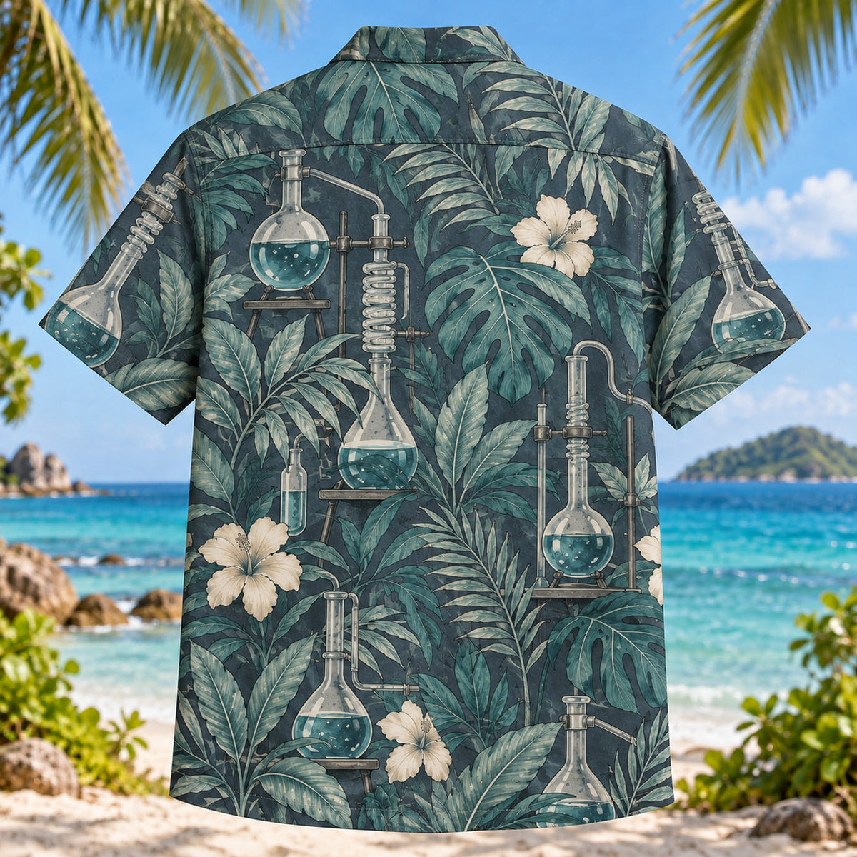 Back view of Distillation Study Chemistry Hawaiian Shirt with matching artwork in slate, teal, ivory