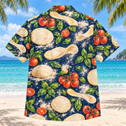 Back view of Dough and Leaf Home Pizza Making Hawaiian Shirt with matching artwork in navy, coral, gold