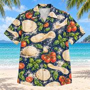 Front view of Dough and Leaf Home Pizza Making Hawaiian Shirt with original, text-free illustrations of hand-stretched dough rounds, flour dust and leafy basil
